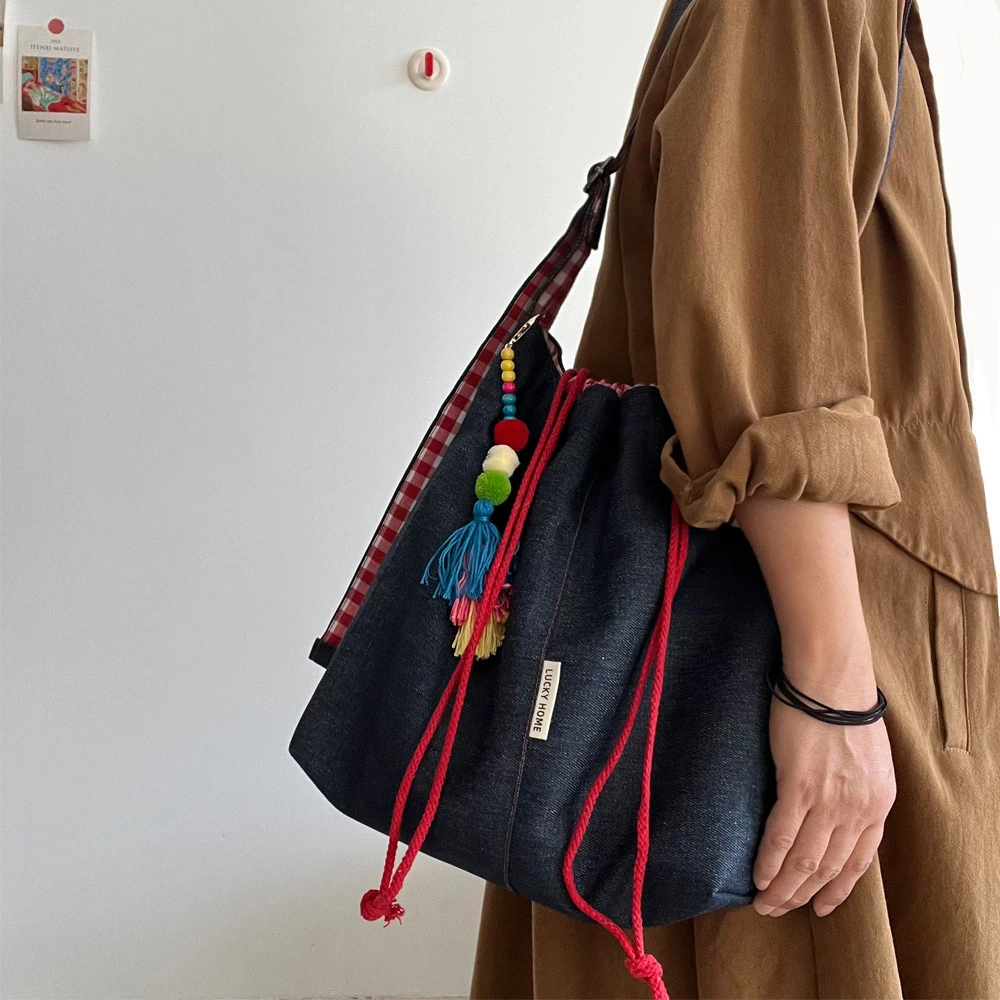 High-capacit Shopping Bags for Woman Bundle Mouth Drawstring Plaid Tote Bag Bolsos Tassel Pendant Travel Cross Shoulder Bags