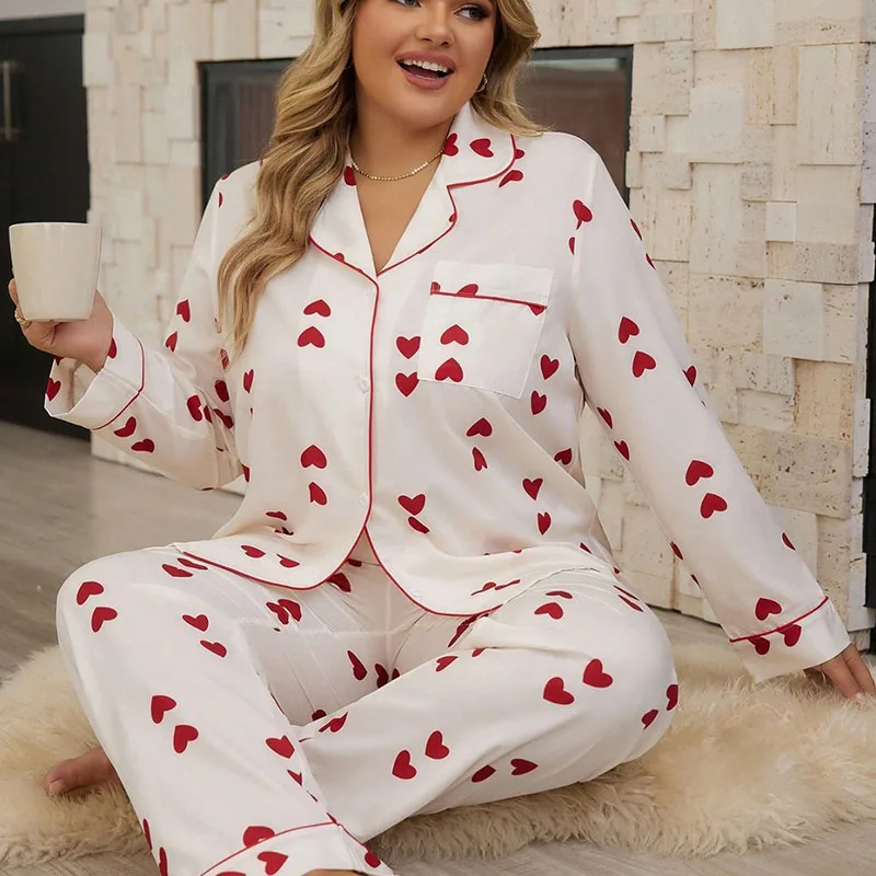 

Ladies Plus-Size Pajamas Cardigan Long-Sleeved Top And Long Pants Sweet Heart-Shaped Home Wear Set Suitable For Wearing Outside