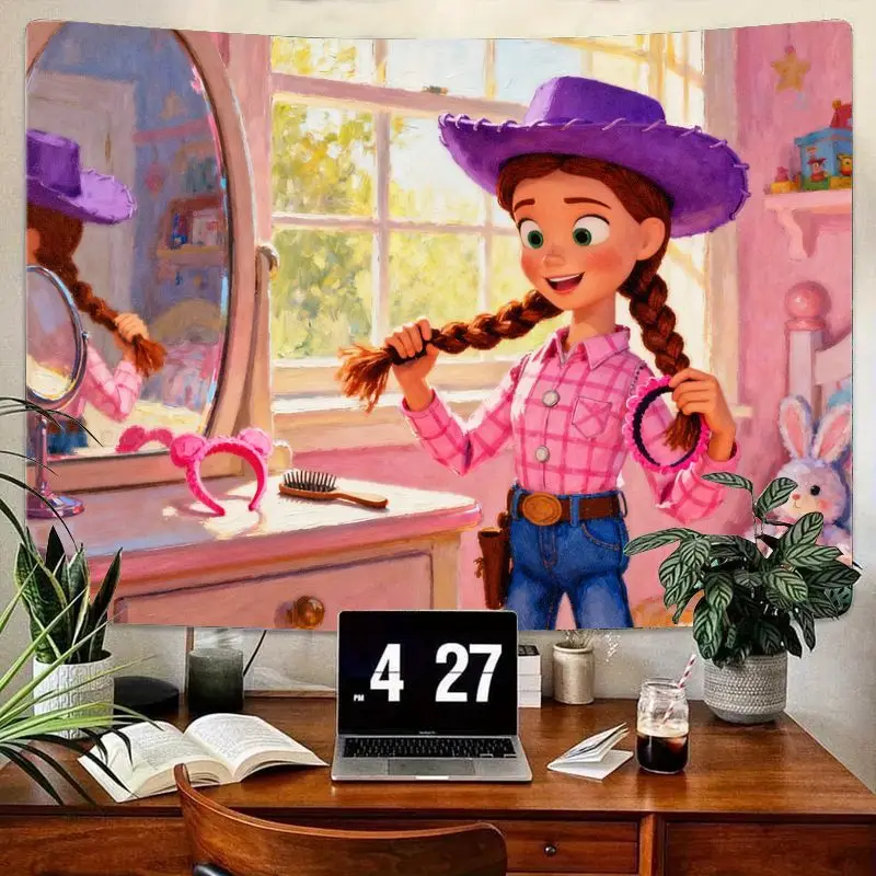 

1PC Cute Cowgirl Pink Kawaii Braiding Hair Tapestry Aesthetic Polyester Wall Art for Kids Girls Bedroom Dorm Living Room Decor G