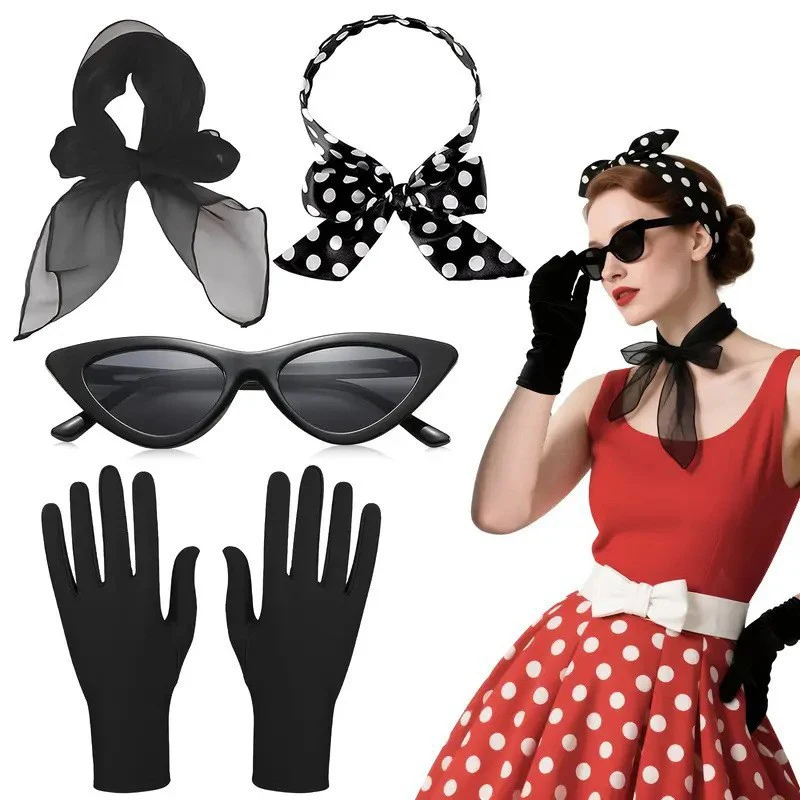 Accesorios de Disfraz Retro de los Años 50 para Mujer, Disfraz de los Años 50 con Lazo de Puntos, Diadema, Pendientes, Gafas, Traje de Cosplay para Fiesta