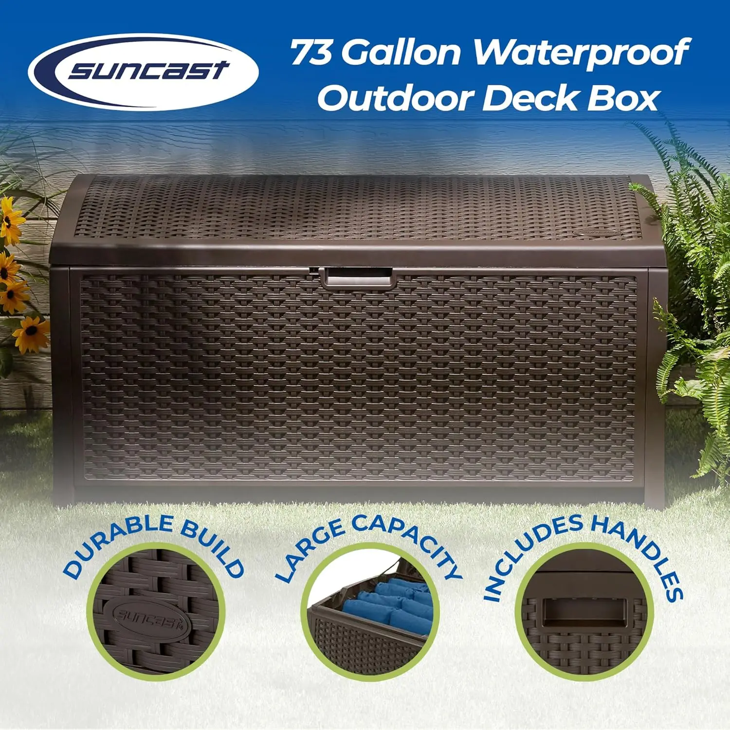 73 Gallon Waterproof Resin Wicker Outdoor Patio Storage Deck Box, 3 Pack