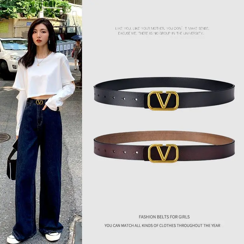 حزام نسائي، بسيط ومتعدد الاستخدامات، جينز عصري على الطراز الكوري، حزام مزخرف، حزام جلد أسود، حزام سروال نسائي