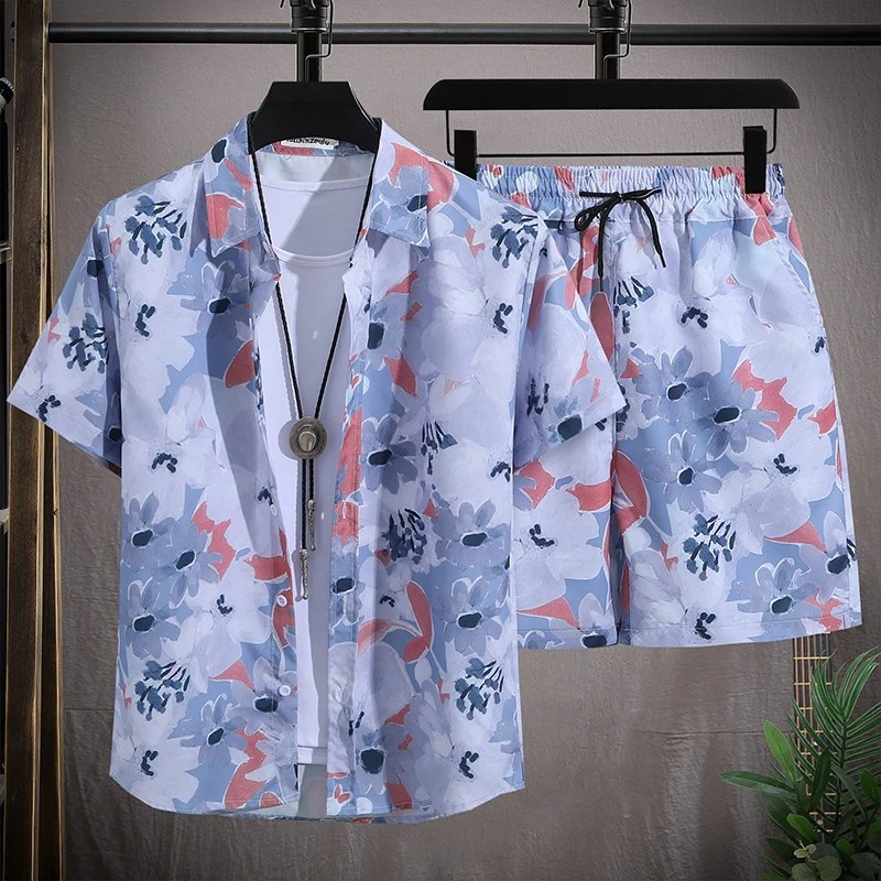 Conjunto de playa Hawaiano para hombre, camisa de manga corta y pantalones cortos de un solo pecho, informal, vacaciones de verano, viaje, traje