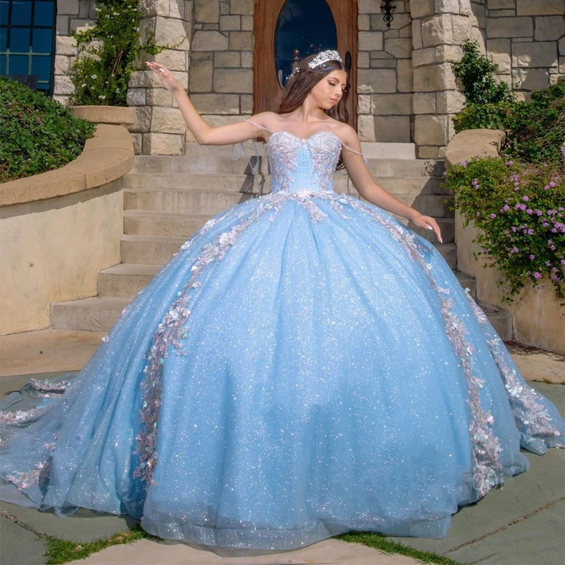 

Light Sky Blue Quinceanera Dresses Ball Gown Princess Sweet 16 Sweetheart Appliques Beading Off Shoulder Grils Formal Party Ves