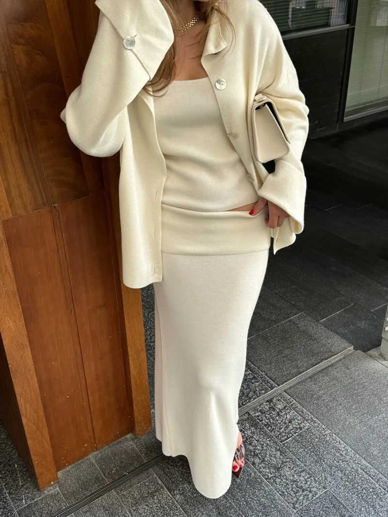 2025 Fall Winter Solid Knitted 3 Piece Set Long Sleeve Single Breasted Cardigans + Tank Tops + Bodycon Maxi Skirts Sweater Suits