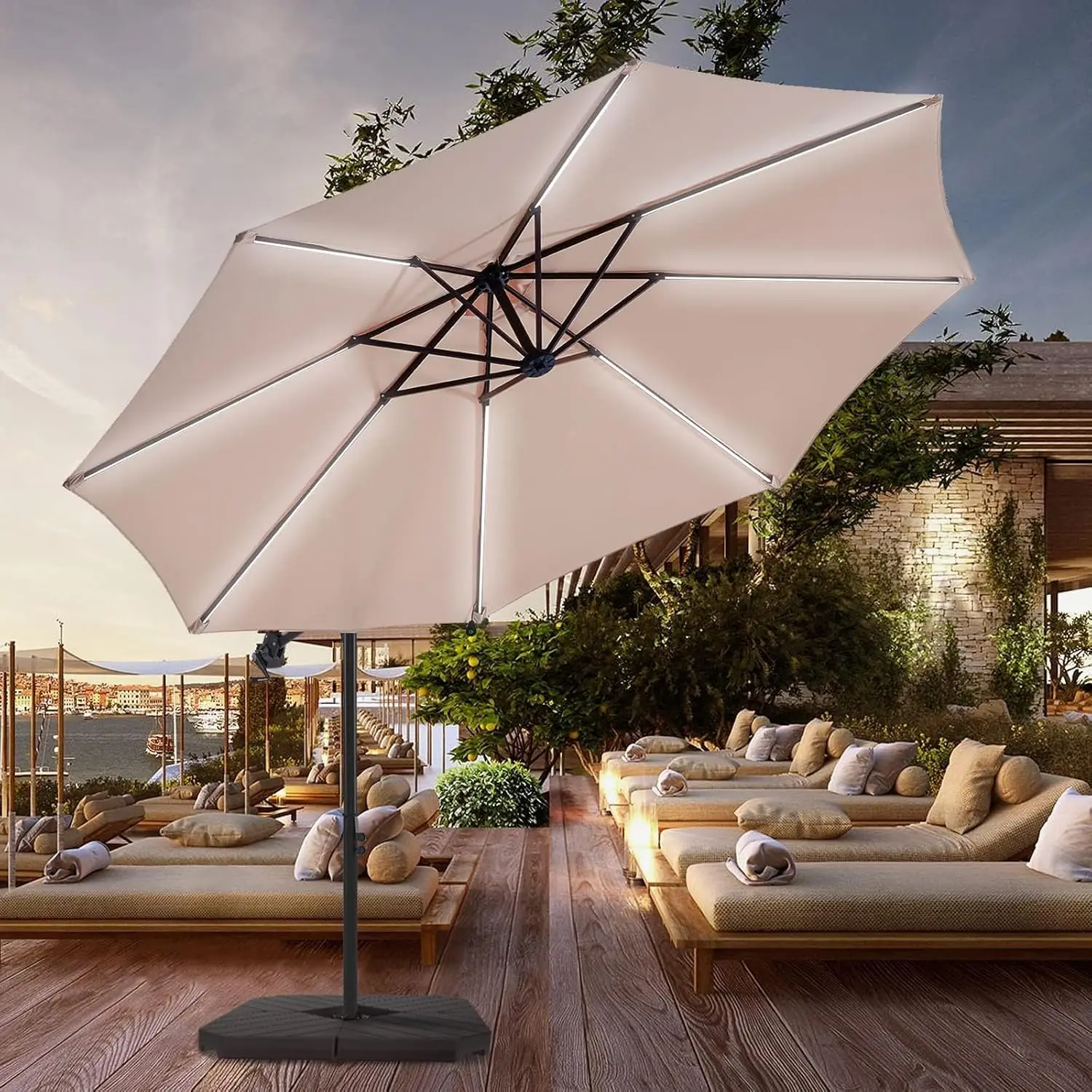 

10 FT Patio Offset Umbrella Outdoor Cantilever Umbrella Hanging Umbrellas, Fade Resistant Crank & Cross Base