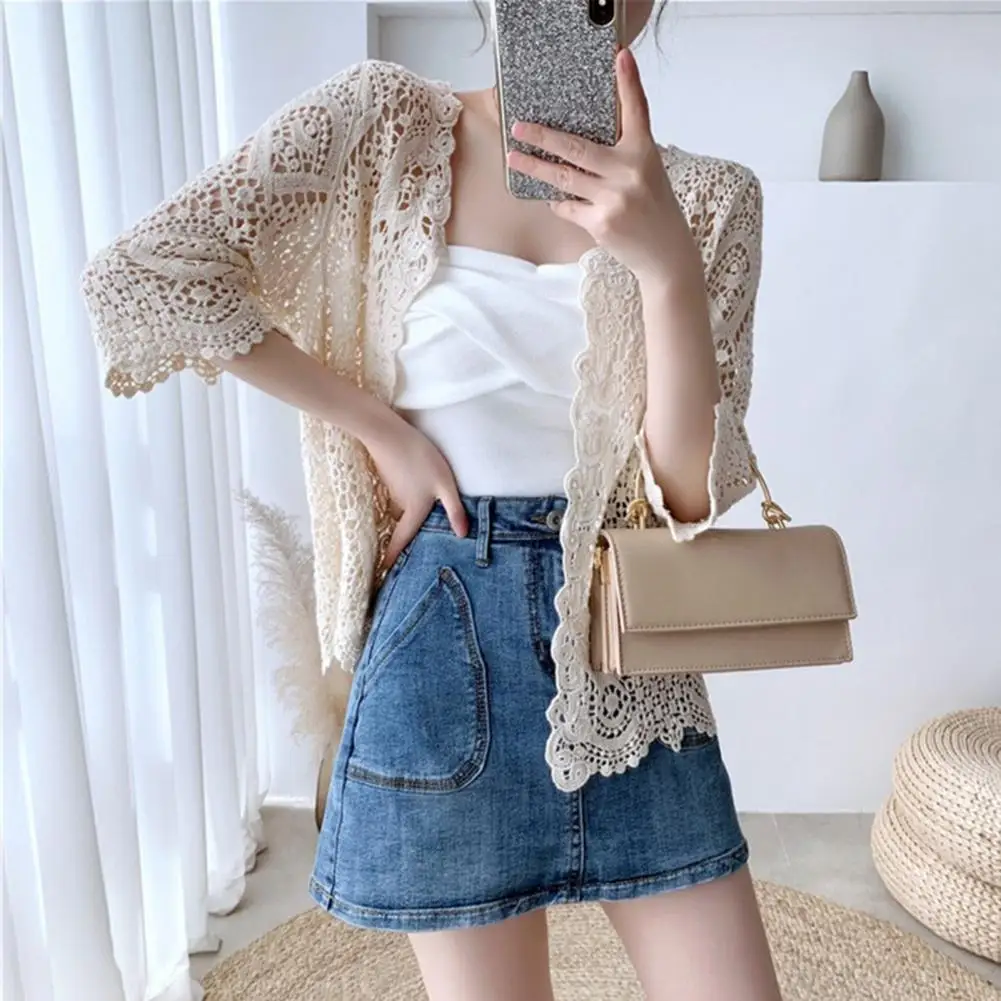 Кружевной кардиган ручной работы, вязаный крючком, женский кардиган 2025, рукав 3/4, ажурный прозрачный свитер с открытой передней частью, летний вязаный свитер в стиле бохо