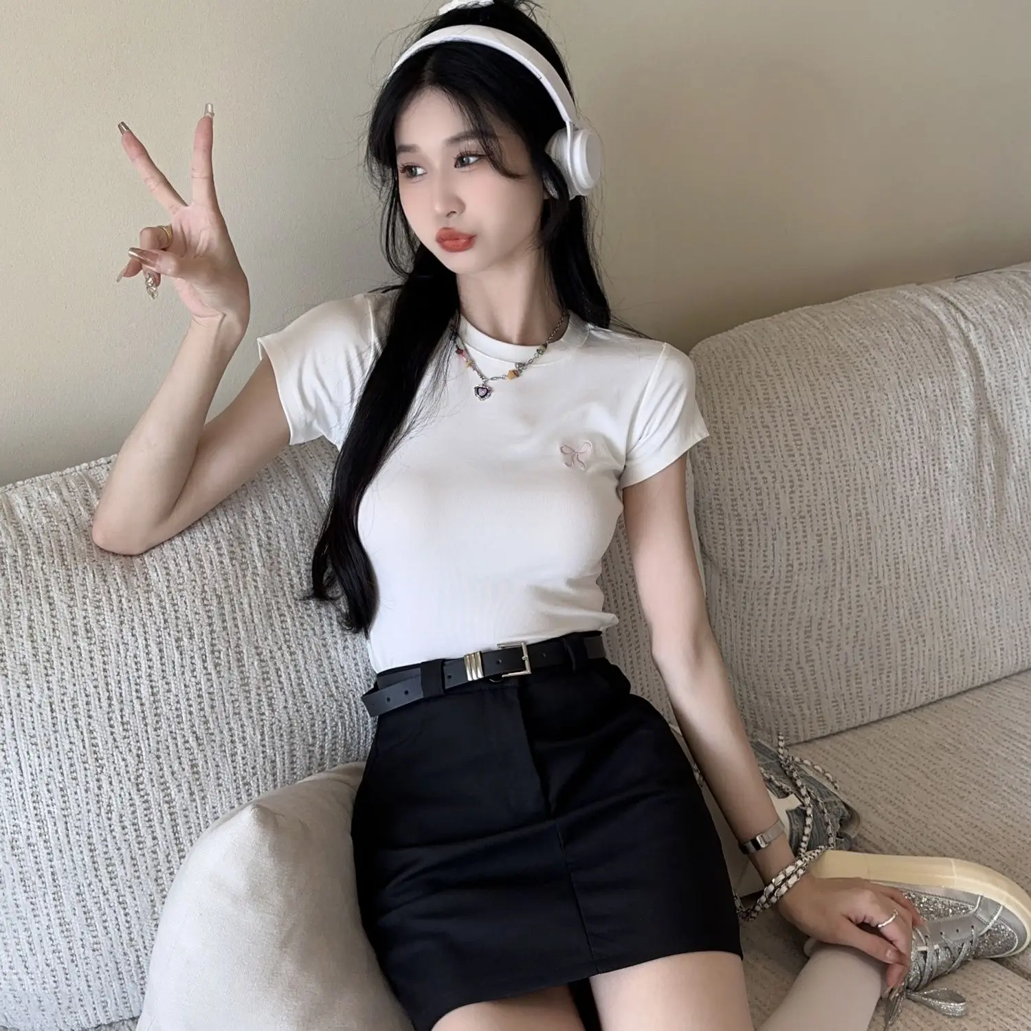 Korea Two Piece Set Summer The New College Style Short-Sleeved Female French Sweet Spice Girl Round Neck Slim And Slim Top