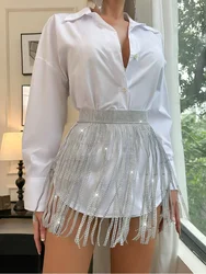 Fashion Tassel Rhinestone Hollow Out Mini Skirt for Women Y2k Festival See Through Diamond Crystal Shiny Rave Party Club Skirts