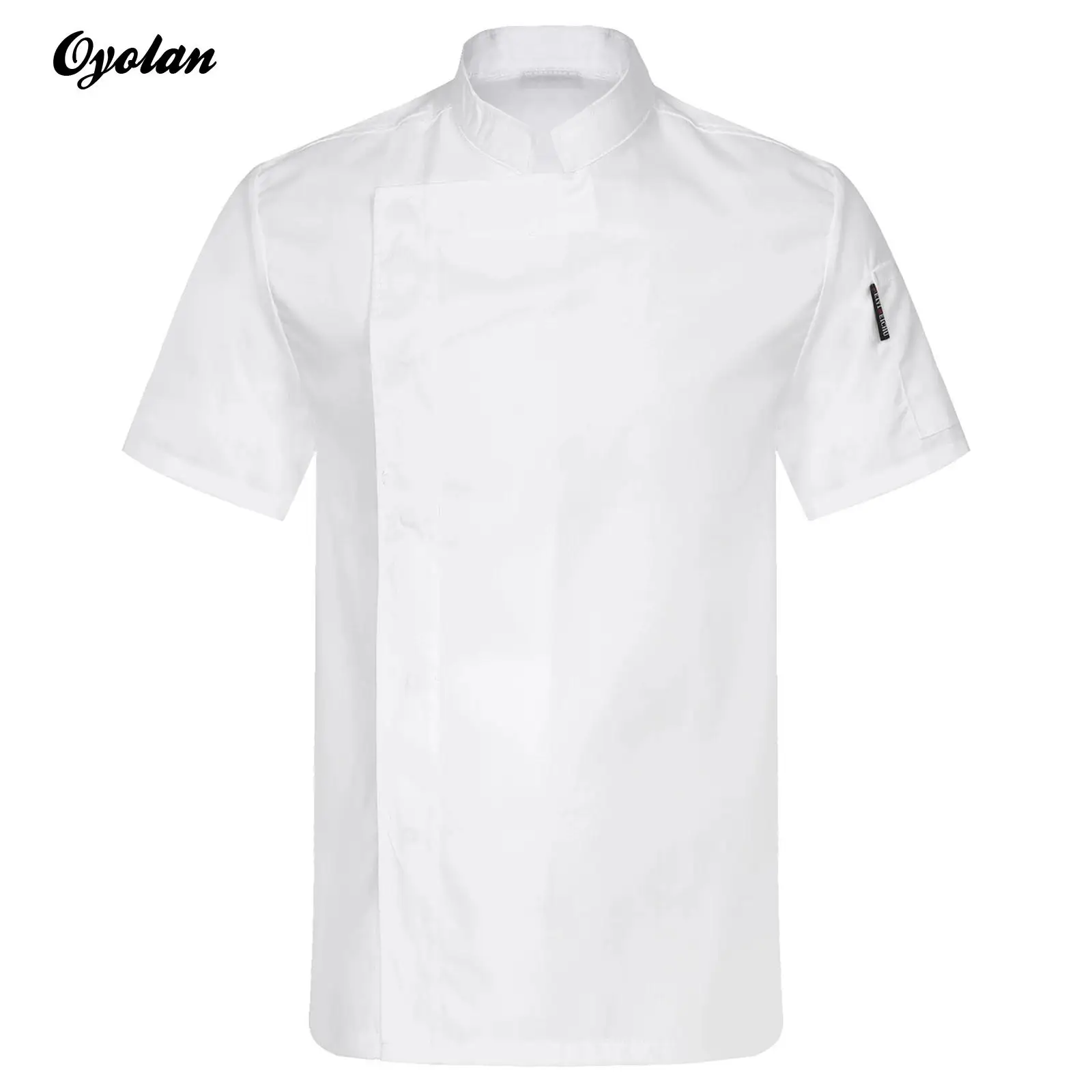 Mens Chef Jacket Coat Solid Color Kitchen Uniform Womens Short Sleeve Stand Collar Cafe Bakery Western Restaurant Hotel T-Shirt