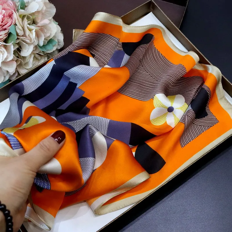 Orange Horse Silk Scarf 53CM Women Square Summer Bandanas Silk Neck Shawls Hair Hand Bag Accessories Women Foulard Femme 53CM
