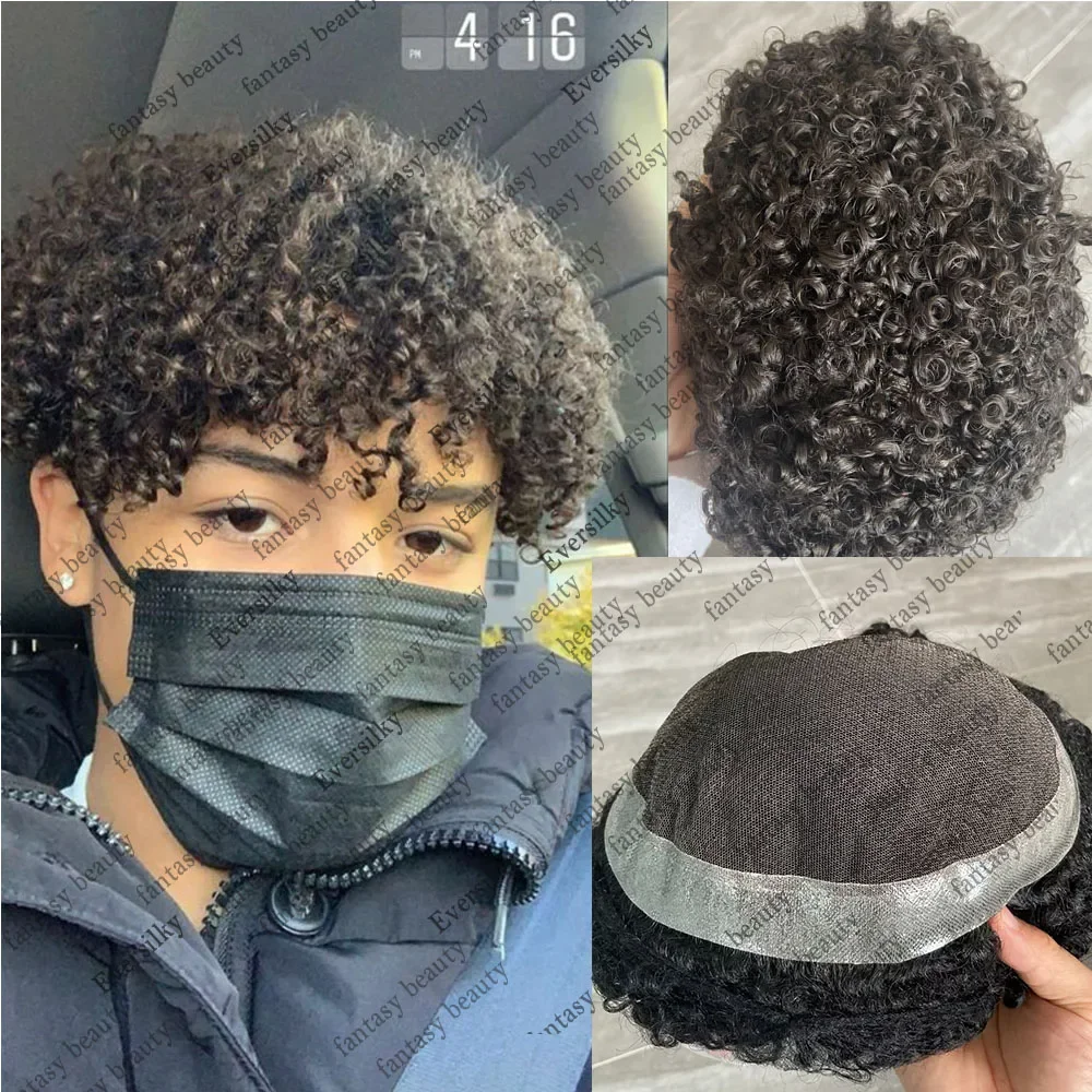 

Breathable Australian Lace&PU Base Men Toupee 15mm Black Man Curly Human Hair Piece System Brown Blonde Capillary Prosthesis