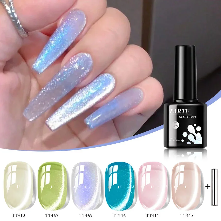 TARTU 6 قطع 8 مل مجموعة جل أظافر عيون القطة باللون الوردي والأحمر والأزرق والأخضر والبني والأسود، مجموعة تلميع جل شبه دائمة مكونة من 6 ألوان، نقع Uñas