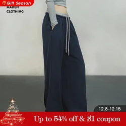 Maden Navy Blue Wide Leg Pants for Women Loose Fit Elastic Waist Casual Trousers Draped Floor-length Pants Comfortable Pants