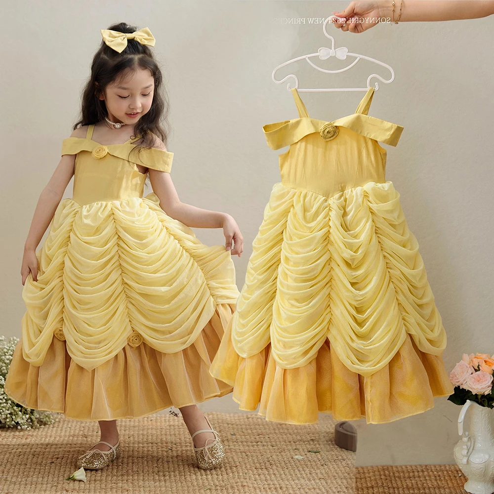 

Off Shoulder Yellow Princess Dress for Kids Girl Belle Costume Birthday Party Ball Gown Dress Elegant Formal Baby Clothes Luxury