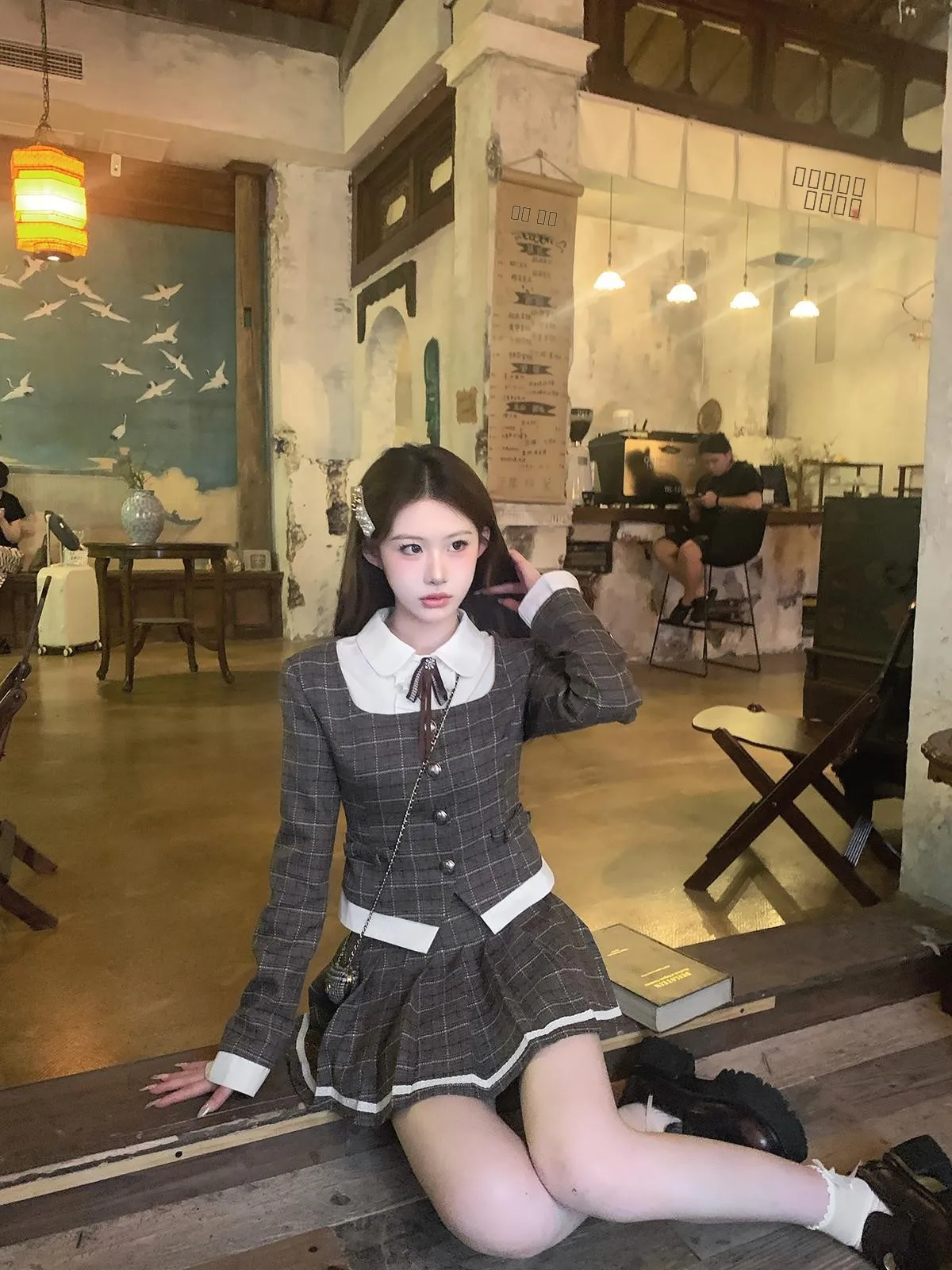 

Mochi Barton Estate irt Collar Suit Jaet And Pleated Skirt Set Women's Faion Autumn Outfit Sweet Sle Plaid Pattern