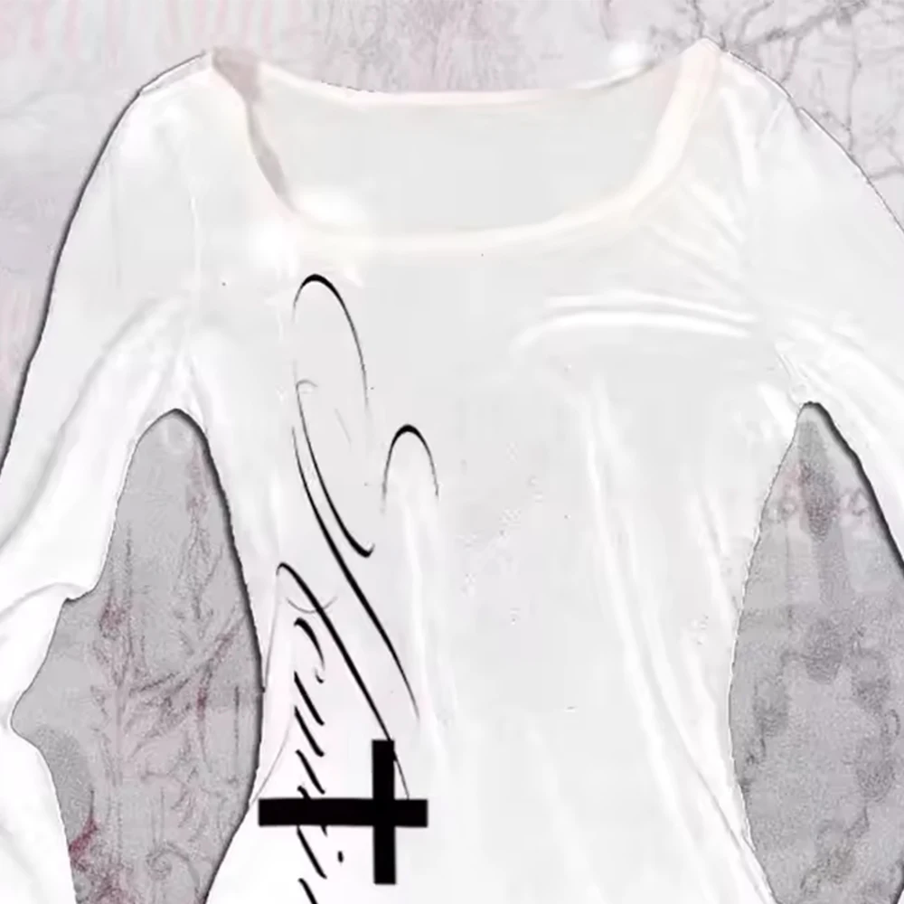 ヴィンテージTシャツ グラフィックプリント Oネック 長袖Tシャツ レディース スリムフィット クロップトップス ガール エモ ストリートウェア 2000年代 Y2K グランジ トップス