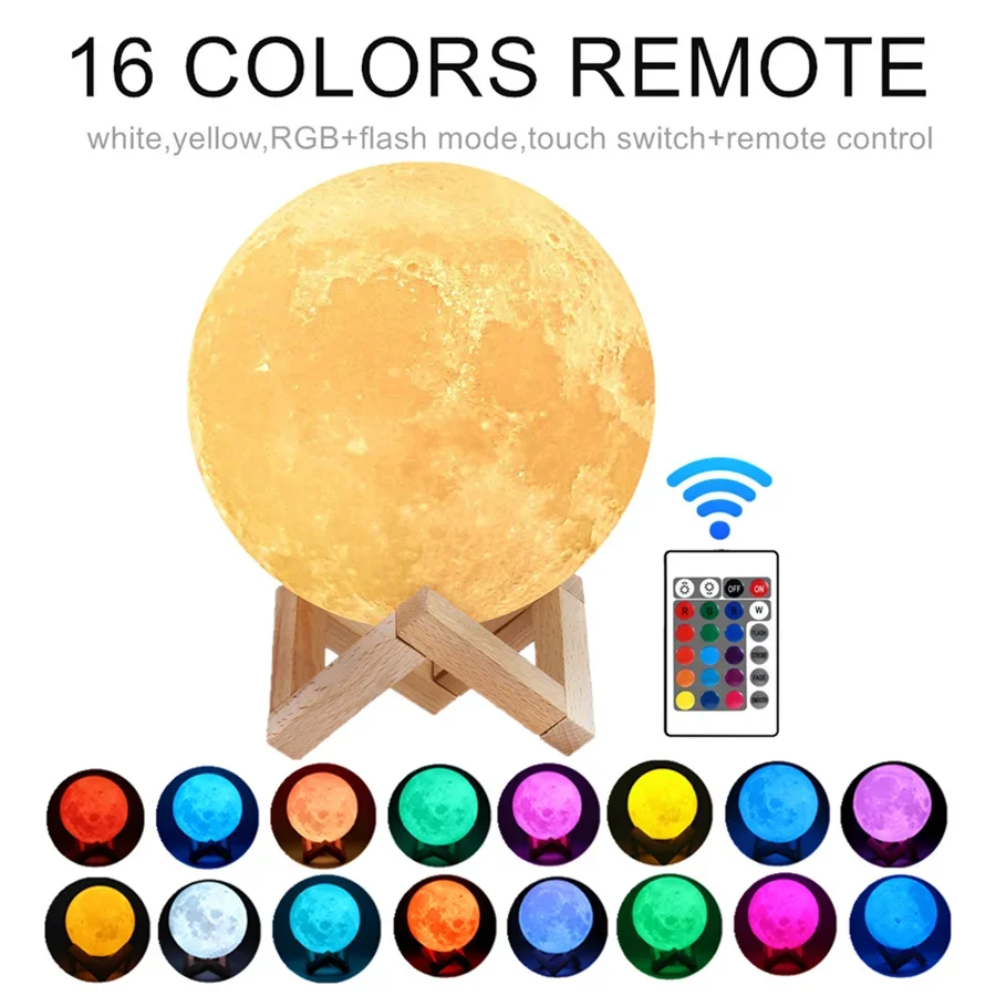 Rechargeable LED Night Light 3D Print Moon Lamp Touch Remote 16 Colors Change Bedroom Table Lamp for Children’s Room Decoration