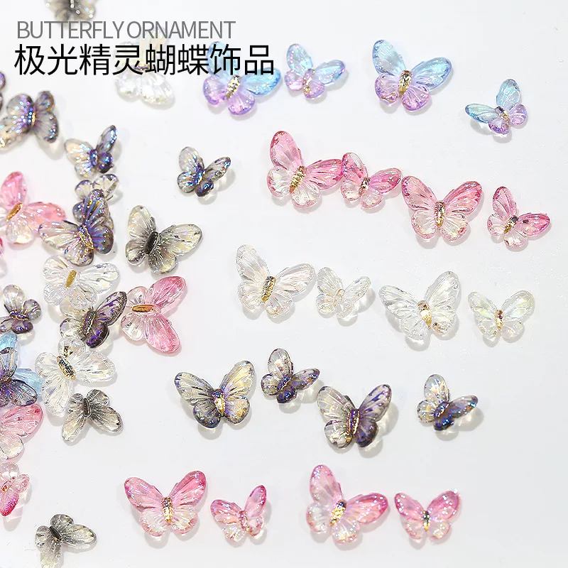 40PCS Shiny Aurora Genie Fiary Butterfly Gradient Illusion Colorful Resin Nail Art Rhinestones Decoration Manicure Ornaments