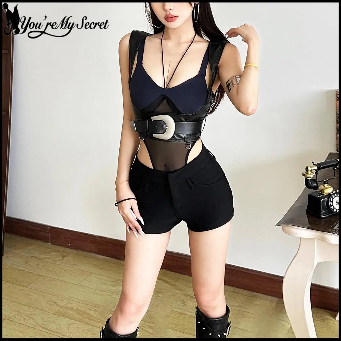 [You're My Secret] Hip hop Strap Women's Bodyduit Punk Style Onesie with Metal Buckle Belt Sexy See though Balckless Onesie