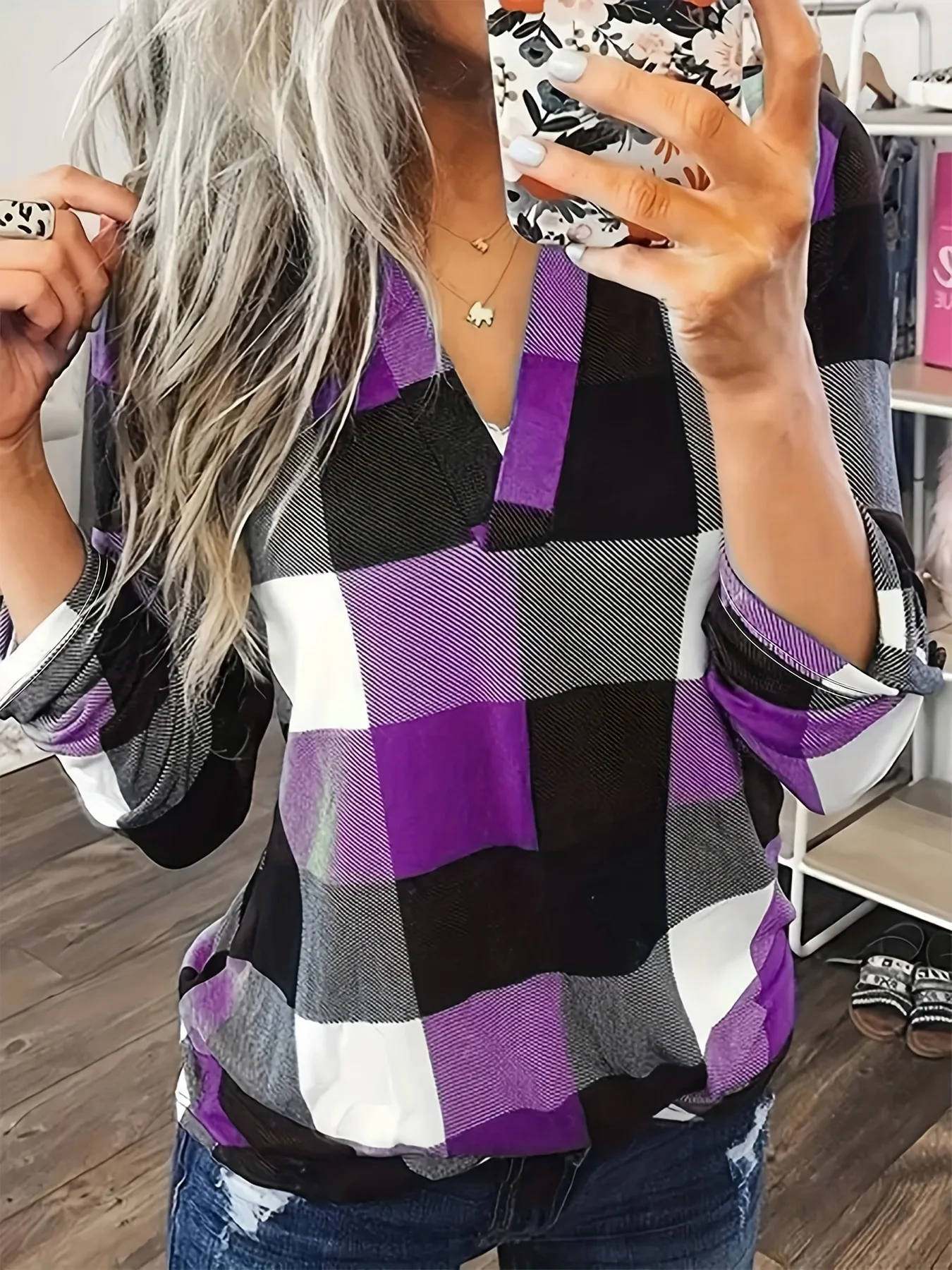 

New Women Spring and Autumn Fashion Plaid Printed Blouse Shirt Ladies Long Sleeved Shirt Casual Commuting Shirt