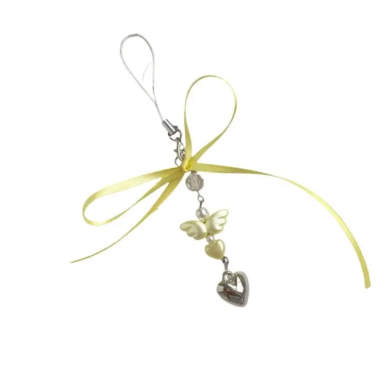 A52E Charm-Handykette in Herzform aus Silber, verziert mit Engelsflügel und Band – Detail 3