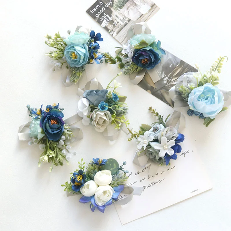 Wedding Wrist Corsage And Boutonniere style European and American white and blue artificial flower business celebration guest