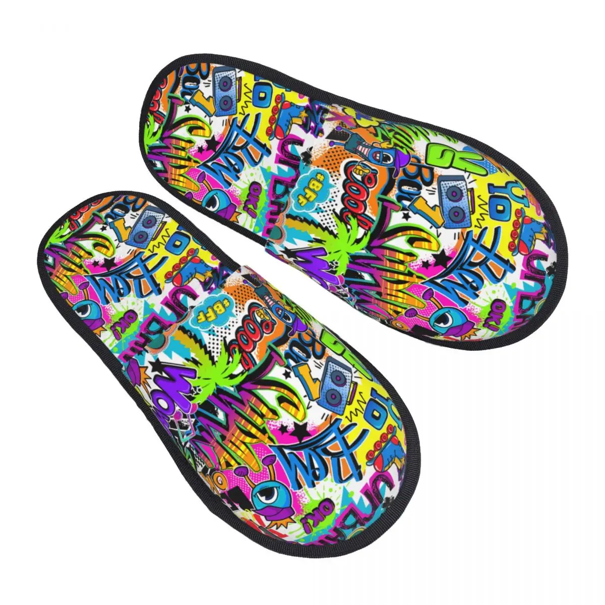 3D printing Men Women Furry Indoor slippers,Retro Comics Pattern With Palm Tree Hand Roller Cosy special Anti-skid Slippers