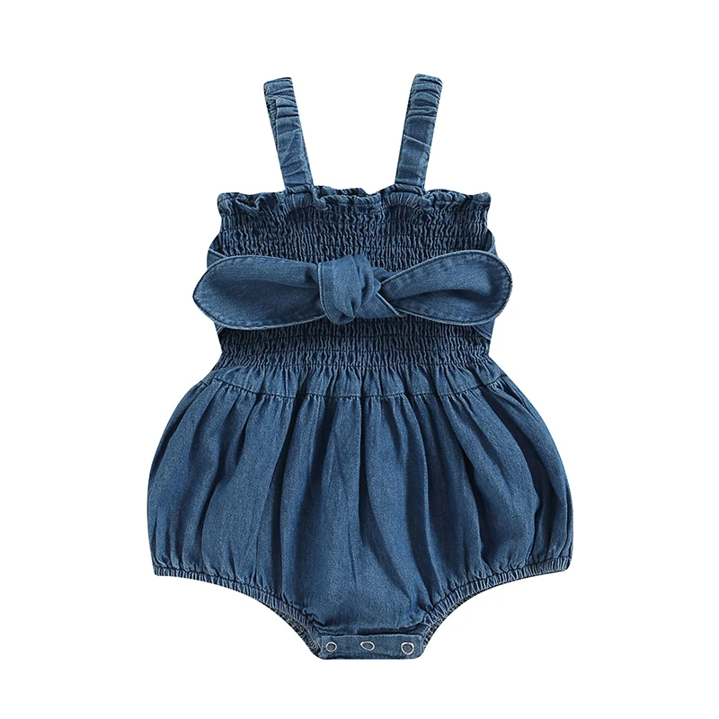 

Summer Newborn Baby Girls Denim Rompers Clothes 0-18M Solid Color Bowknot Ruched Sleeveless Bodysuit Jumpsuits Costume Infant