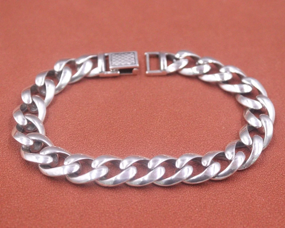 

Real Solid 925 Sterling Silver Chain Men Women Twill Grid Square Clasp Cuban Curb Link Bracelet