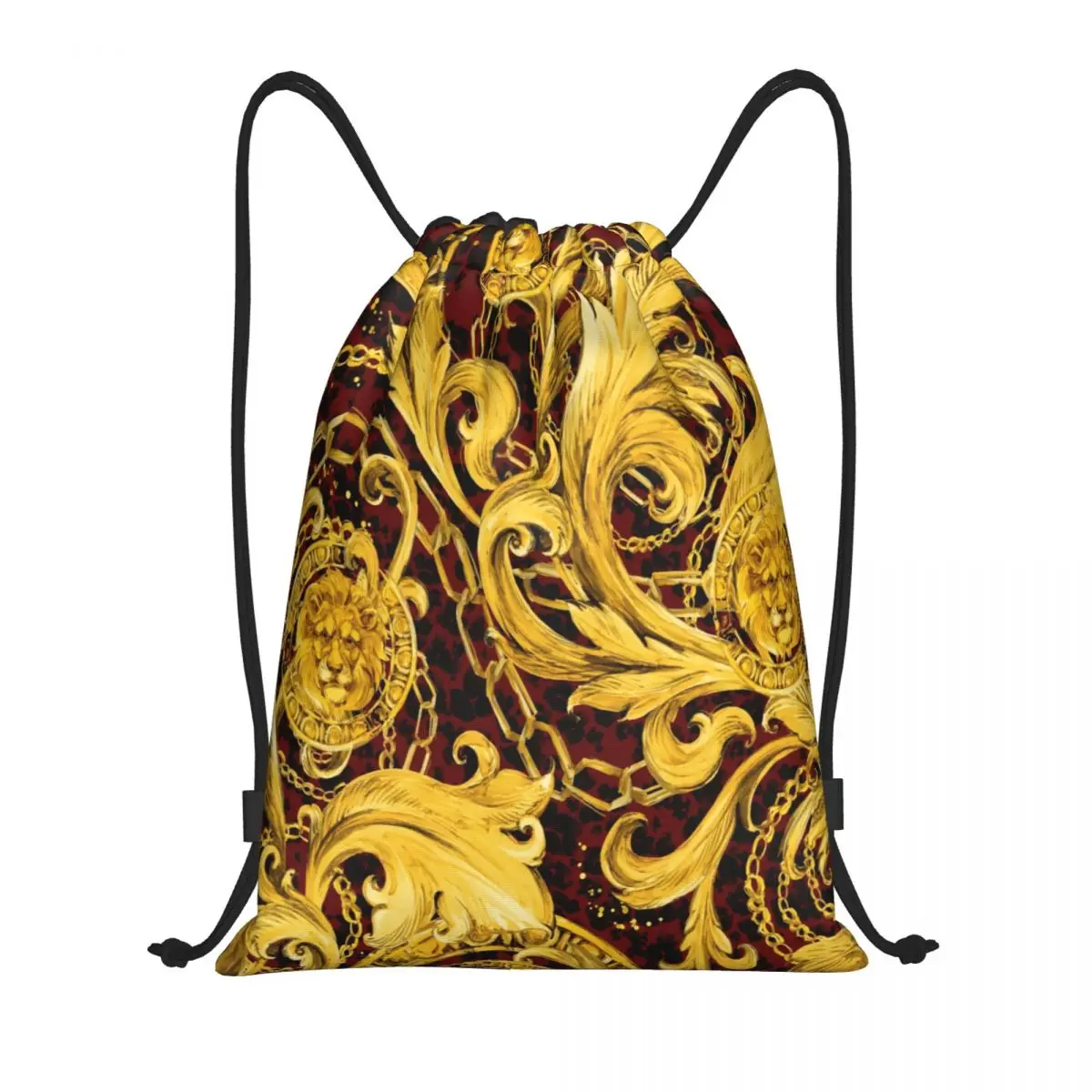 

Custom Vintage Golden Lion Floral Drawstring Backpack Sports Gym Bag for Men Women Luxury Flower Baroque Training Sackpack