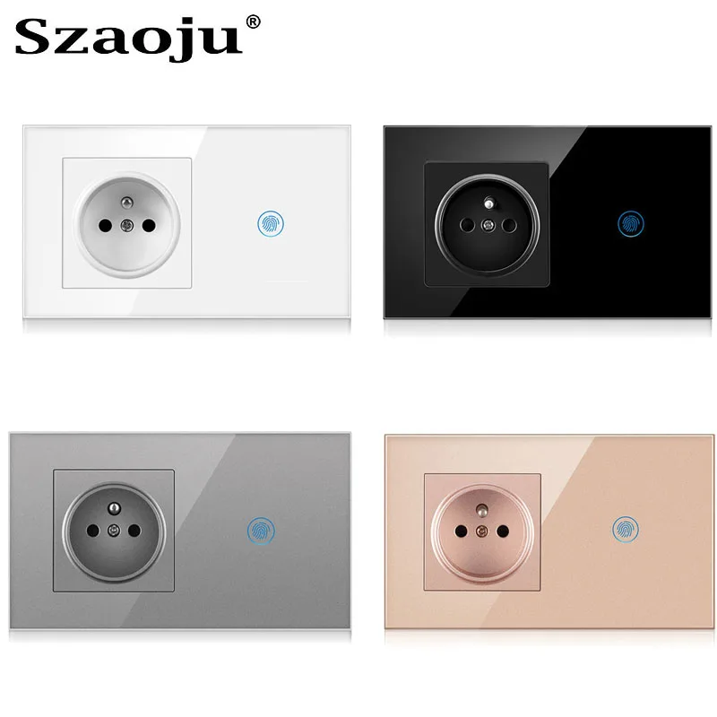 Szaoju French Touch Light Switch Smart Power Socket Plug Wall Power Crystal Glass Panel 16A French Socket 146*86mm Grounding