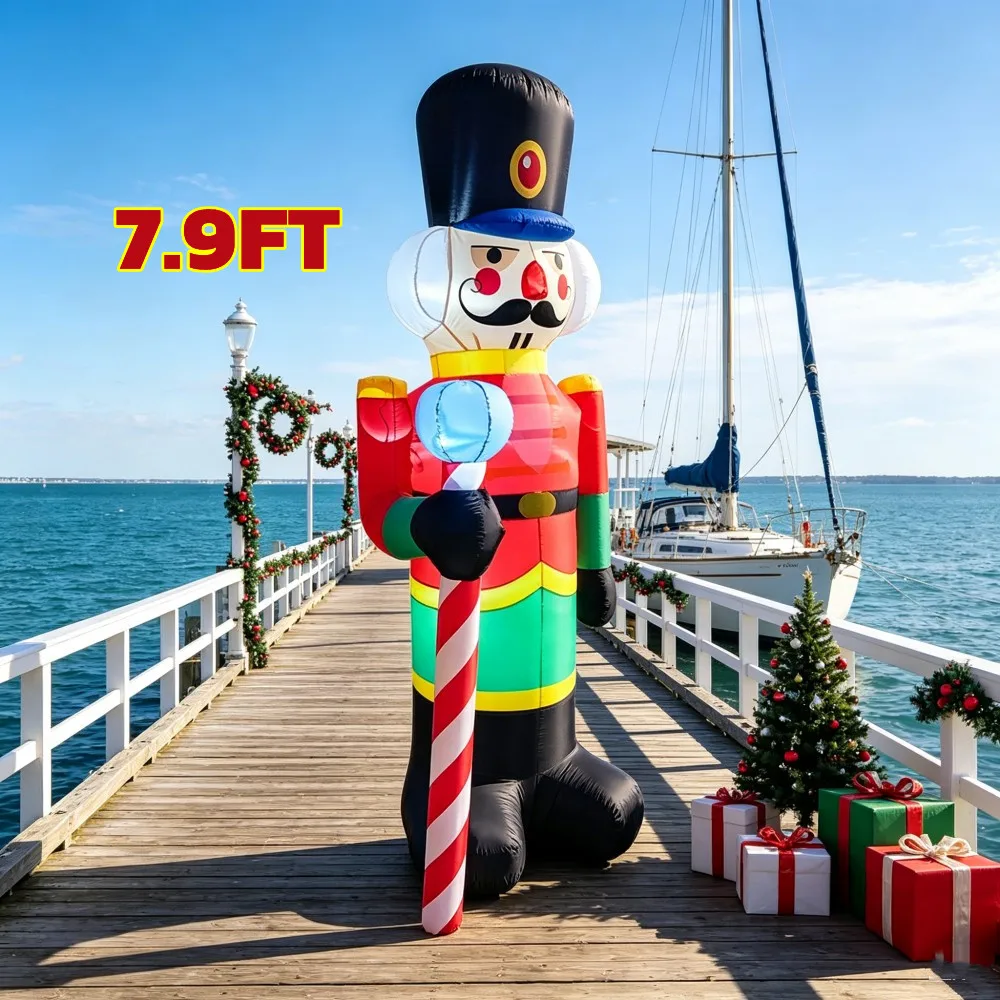 7.9FT Giant Standing Inflatable Nutcracker Soldier Built‑in LED Lights Blow‑up Ornament for Villa Yard Store Front Mall Display