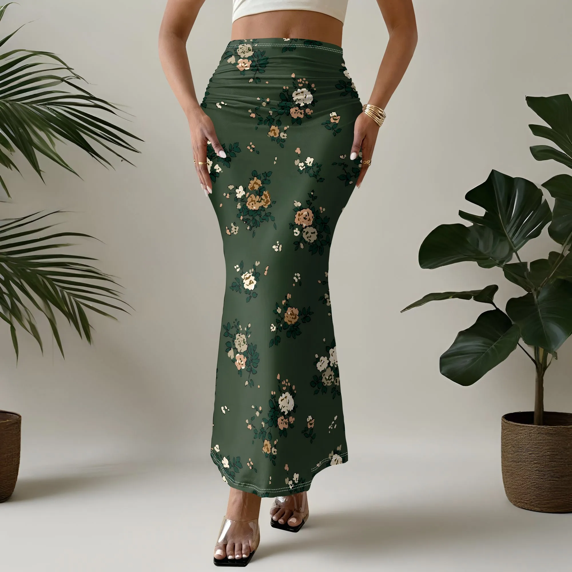 Ruched Floral Mermaid Skirt, Vintage Flower Print Maxi, Bodycon Party Wear, Elegant Evening Club Dress, S-2XL