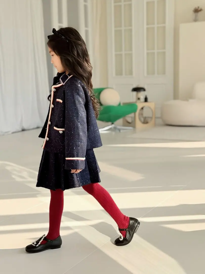 Herbst und Winter Neues Zweiteiler-Set für Mädchen mittleren und älteren Alters mit Pailletten-Jacke im Chanel-Stil und Plisseerock, Trendiges Outfit – Detail 11