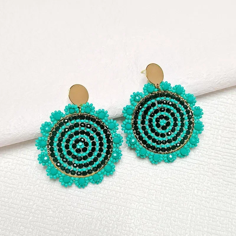 Rice bead earrings Crystal Green Sun Originality Hollow out Hand knitting Bohemia Alloy Fashion Simple Roundness Beaded earrings image 2