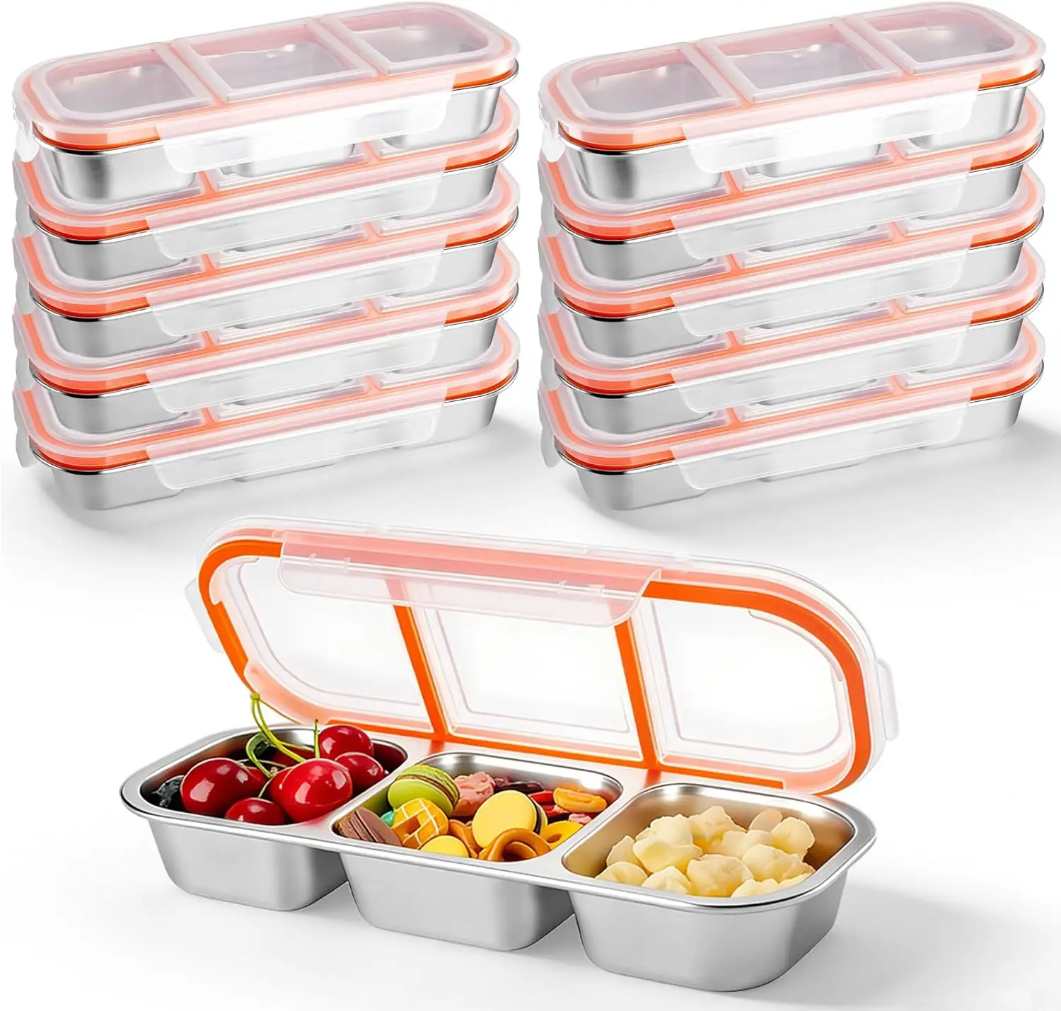 

10-Pack Stainless Steel Snack Containers with Lids - 3 Compartment Reusable Bento Boxes for Food Storage