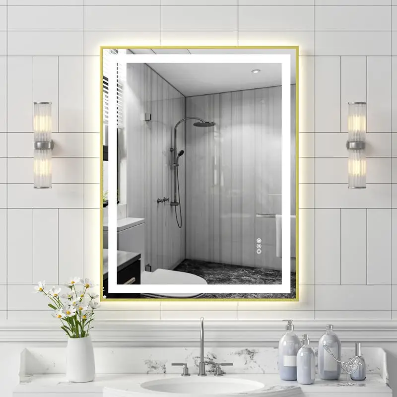 

28"x36" Gold Tempered Mirror with Dual LED Light Strips for Front & Back Lighting