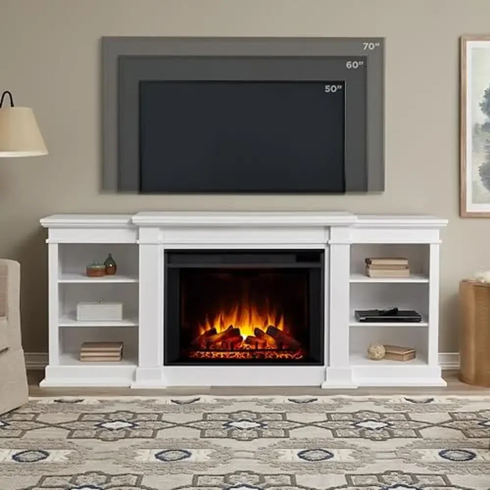 Large White Electric Fireplace TV Stand w/ Adjustable Shelves Realistic Flames & Heat Remote Control 80