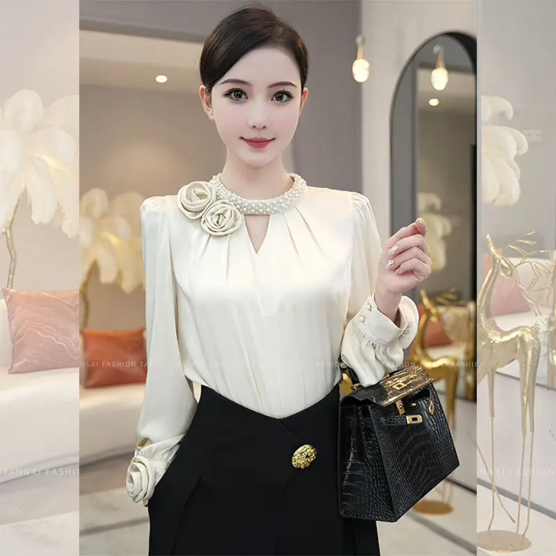 Women's Vintage Ruffle Hollow 3D Flower Blouse Office Lady Elegant Chic Luxury Commute Shirt Autumn Solid Long Sleeve Slim Tops