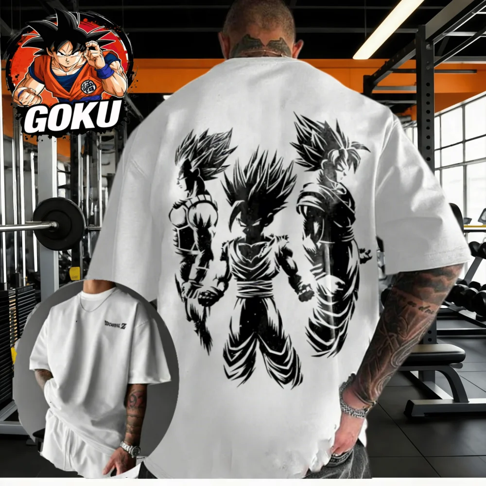 

2026 Summer Dragon Ball Oversized Tee High Quality Cotton Print Goku Vegeta Gohan Black White Silhouette Back Graphic Unisex