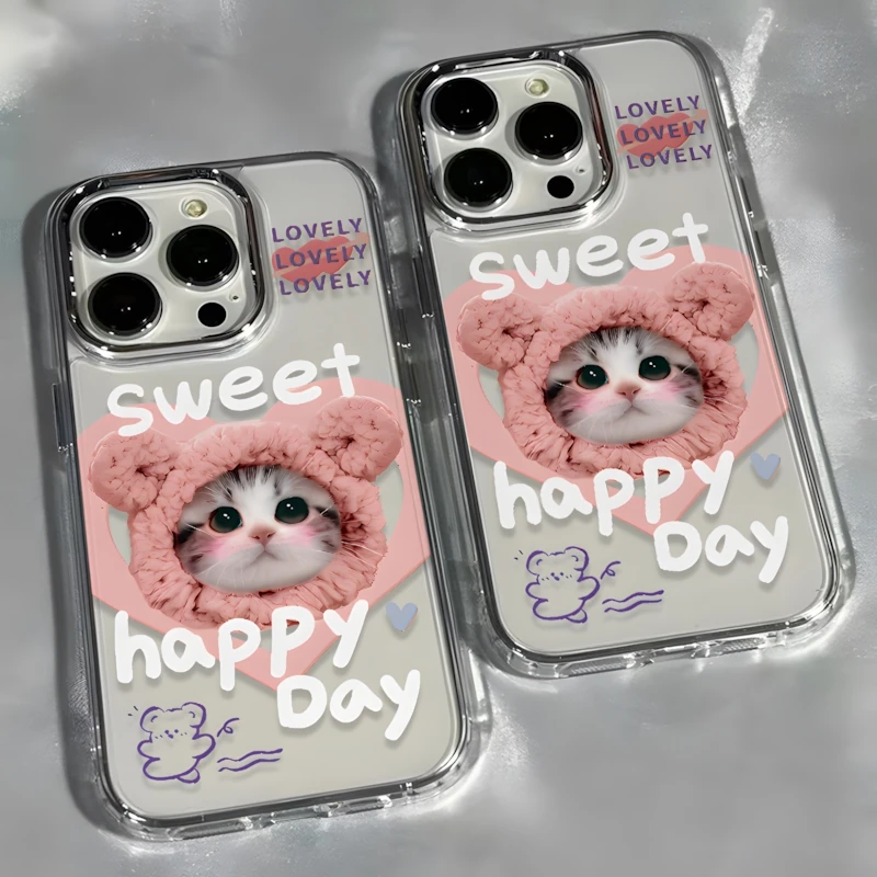 Sweet Love Heart Cat Clear Case for iPhone 16 11 12 13 14 15 Pro Max XR 8 Plus Soft Silicone Shockproof Cover for Women Girls