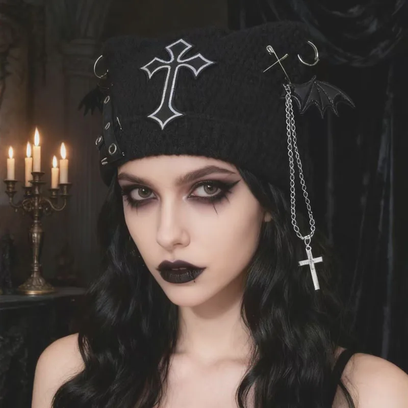 1pc，Edgy Dark Gothic Style Cat Ear Knitted Beanie Hat Cross Bat Chain Safety Pin Decor Fashion Headwear.