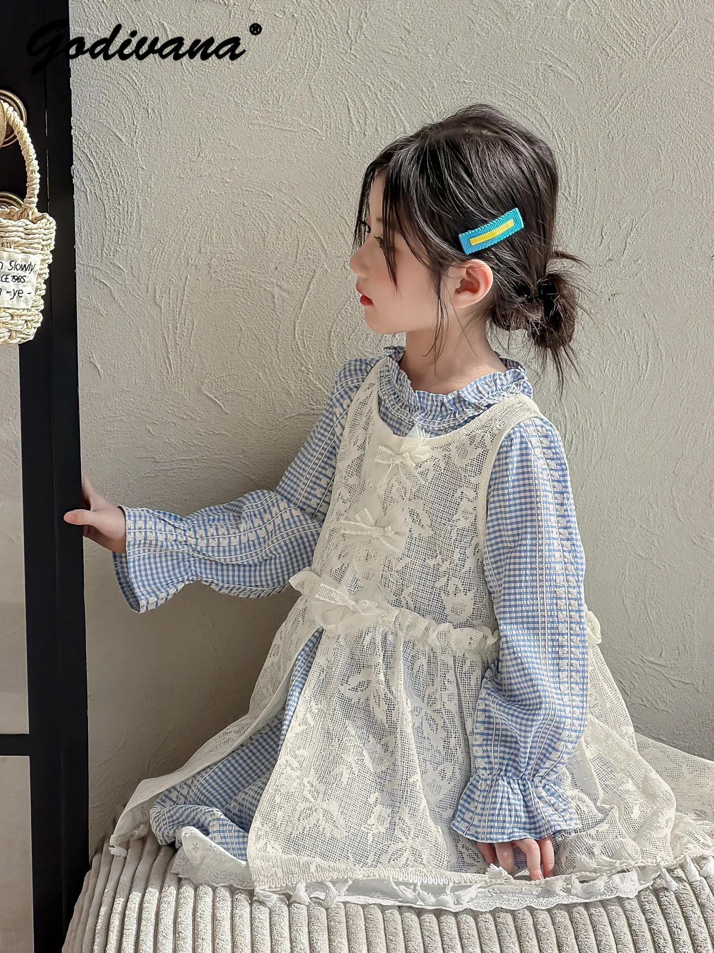Sweet Baby Girls Dress 2pcs Set Summer 2026 New Kids Blue Plaid Long Sleeve Princess Dress Mesh Lace Embroidery Tassel Tank Top