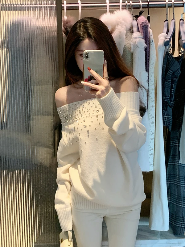 مثير الماس مزين فضفاض محبوك سترة المرأة الحلو واحد الكتف تصميم الخريف الشتاء جديد Sle الدافئة الحرارية Faion