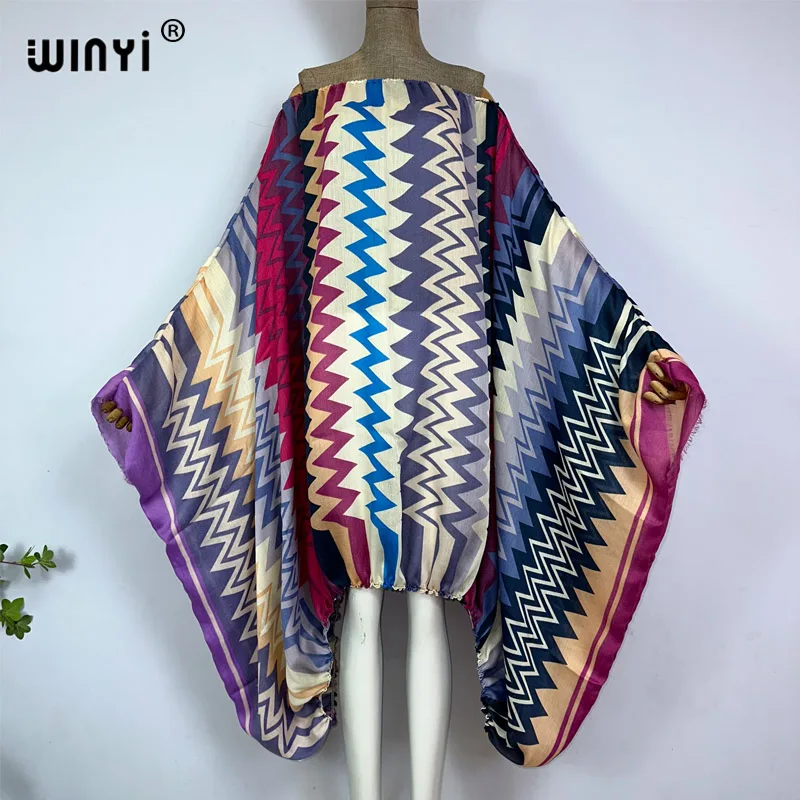 WINYI-vestido maxi sexy de pescoço único para mulheres, vestido boho, estampa colorida, manga batwing, kaftan feminino, capas de praia, verão