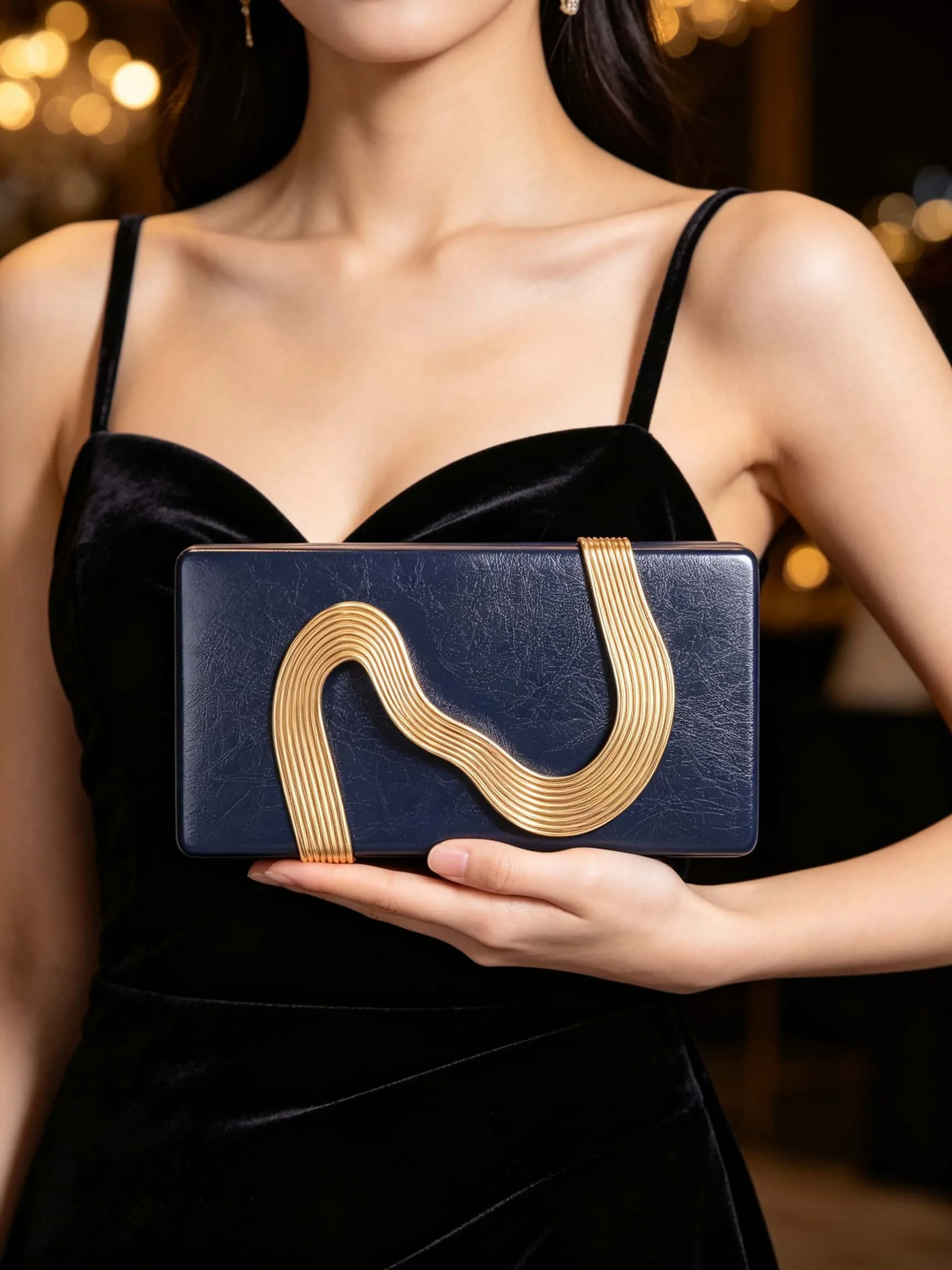 Retro Wave Metal Trim Hard Shell Evening Clutch Bag for Women, Leather Structured Party Dress Chain Crossbody Handbag