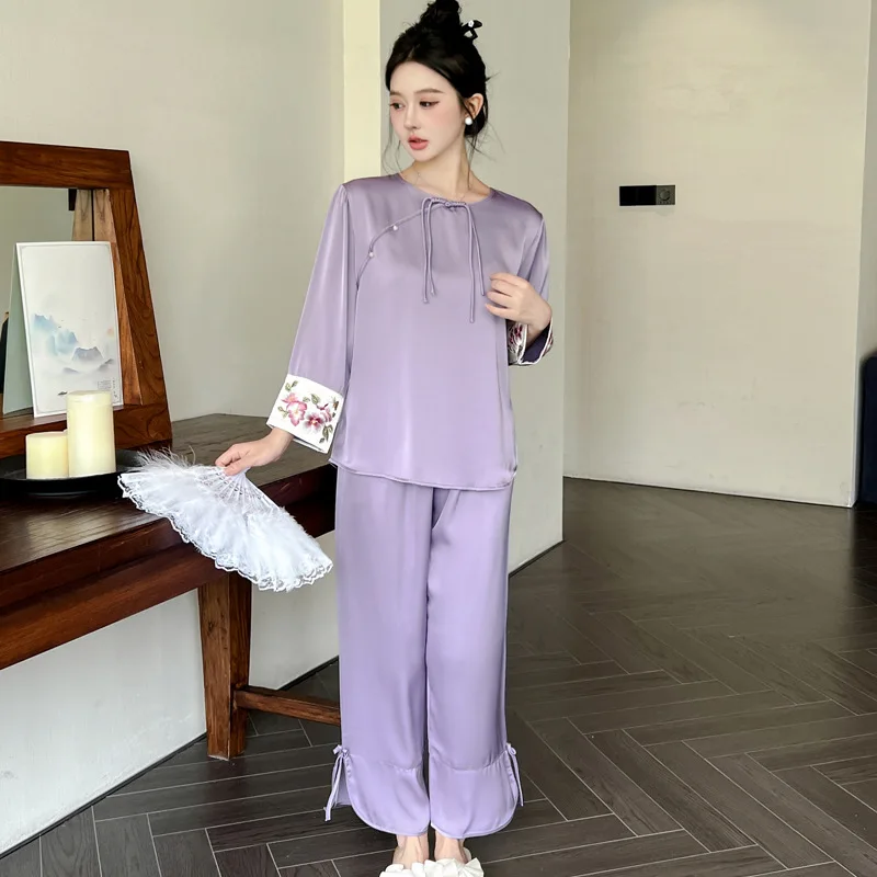 Ice Silk Chinese Style Pajamas Women\'s Spring/summer Thin Long Sleeved Pants New Ancient Solid Color  Home Wear Set Nightshirt