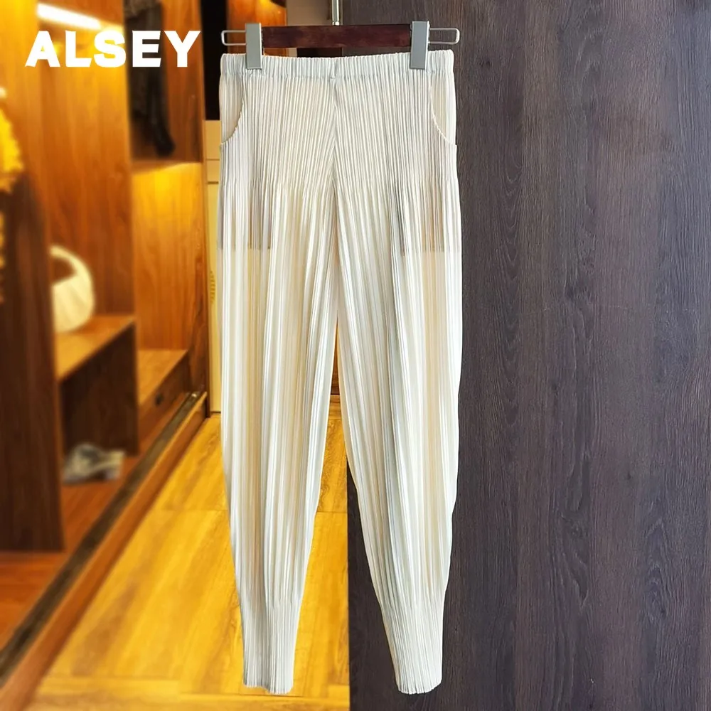 ALSEY Miyake Harajuku solta Harun plissada para mulheres, nova calça fina de cintura alta, calça pequena de rabanete cem, primavera e verão