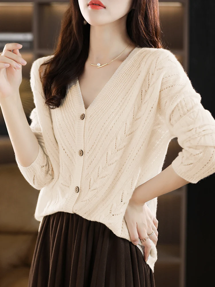 Suéter elegante de lana merina de 100% para mujer, cárdigan informal de punto para otoño e invierno, ropa calada de manga larga para mujer, Tops